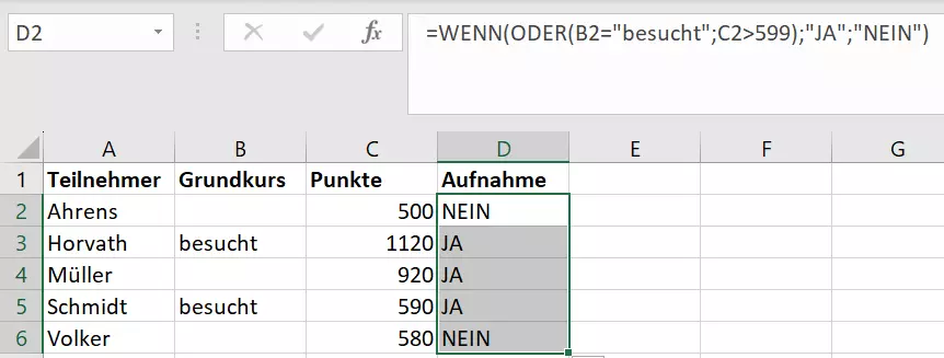 WENN-ODER-Funktion: Übertragung auf den gesamten Zellbereich