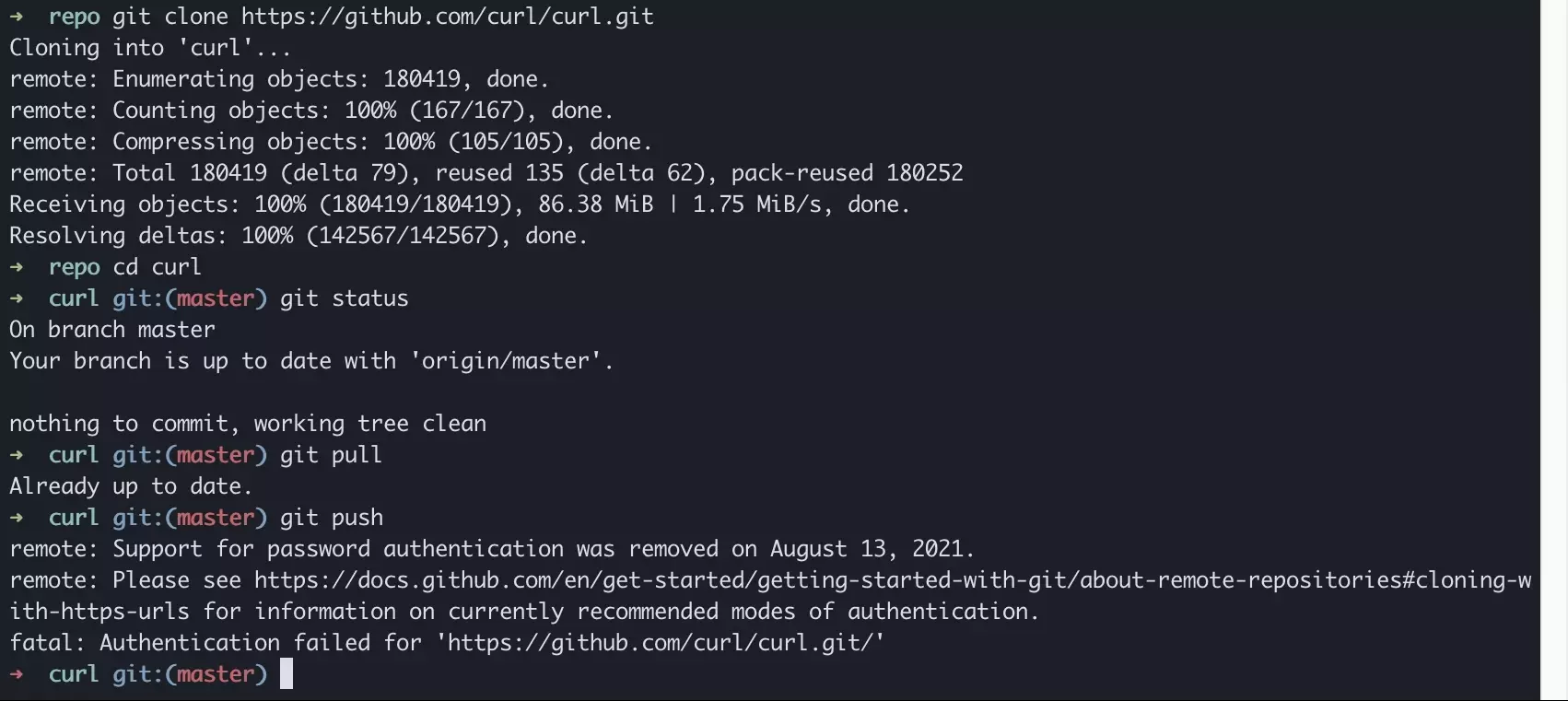 Ergebnis von Git-Pull und Git-Push des lokalen cURL-Repository