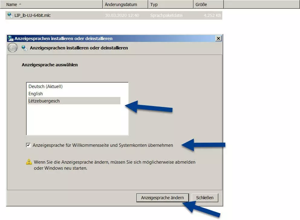 Menü in Windows 7 zum Sprache-Ändern