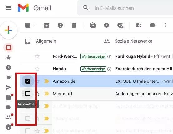 Gmail Posteingang Checkboxen neben Mails