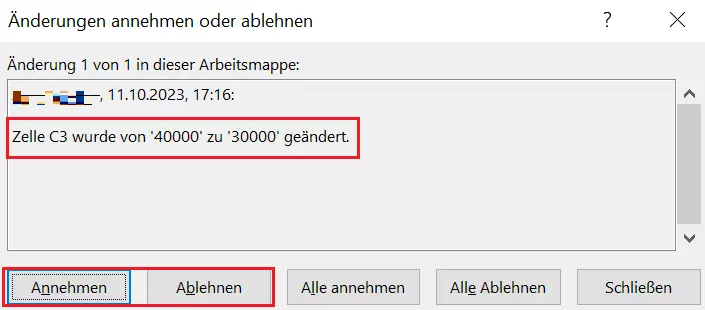 Dialog „Änderungen annehmen oder ablehnen“ in Excel