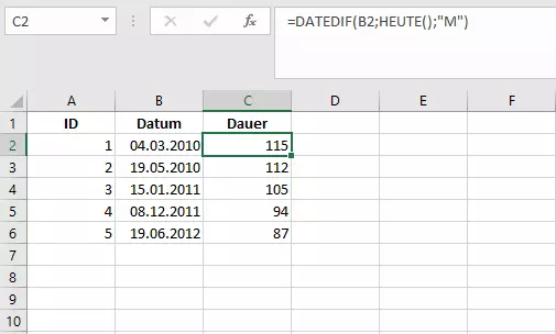 Kombination der Funktionen DATEDIF und HEUTE in Excel