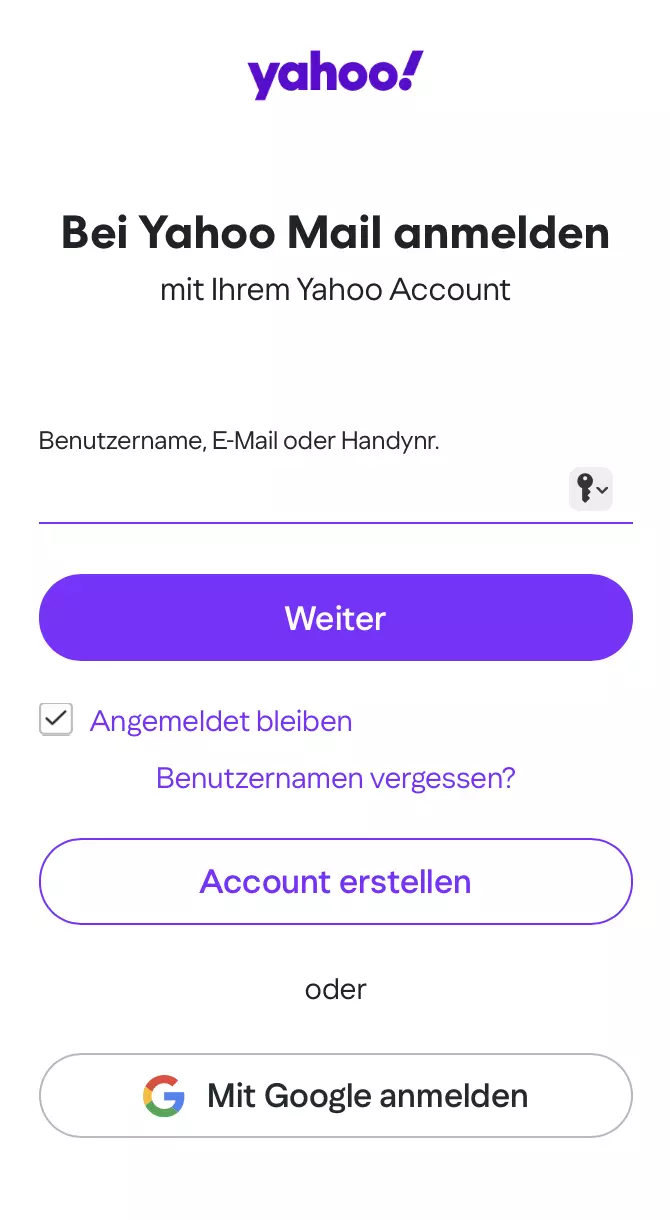 Yahoo Mail: Anmeldungsdialog