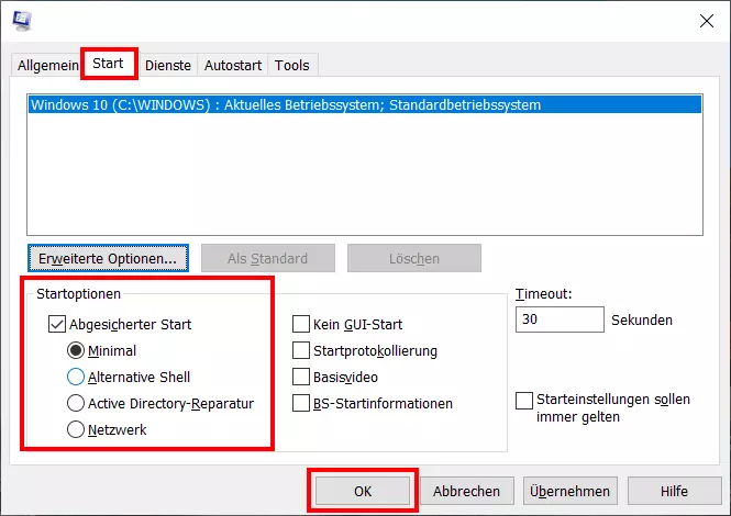 Screenshot Systemkonfiguration – Startoptionen – Abgesicherter Start