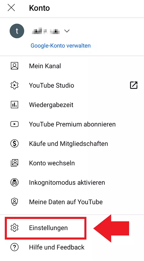 YouTube-App: Punkt „Einstellungen“