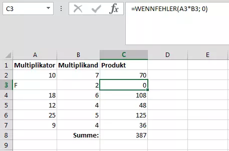 Einfügen eines Werts mit der WENNFEHLER-Funktion