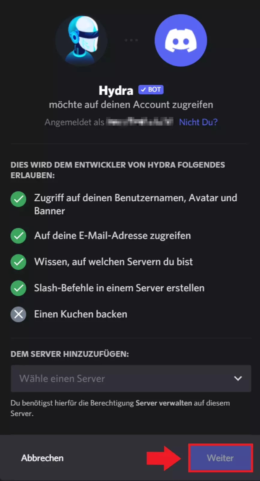 Wählen Sie den gewünschten Server aus und erteilen Sie dem Musikbot nötige Berechtigungen unter „Weiter“