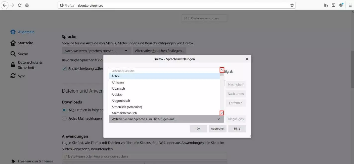 Spracheinstellungen in Firefox: Auflistung verfügbarer Sprachen