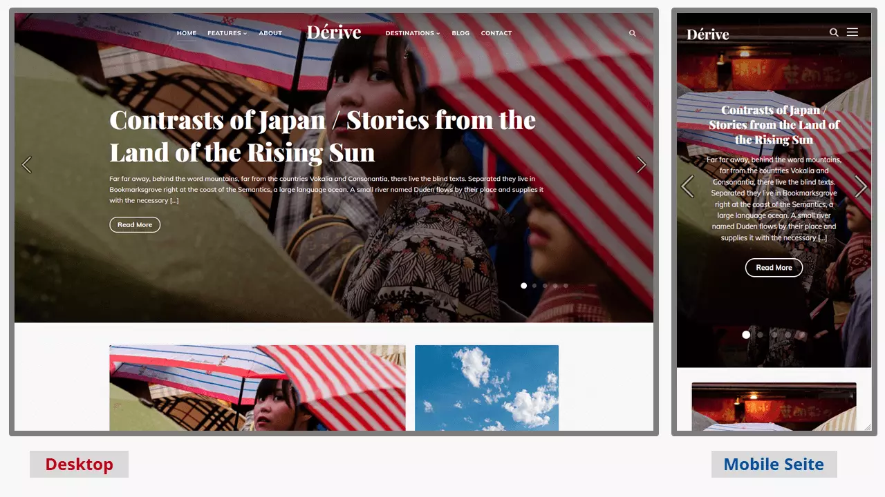 Mobiler und Desktop-Screenshot des WordPress-Blog-Templates Derivé