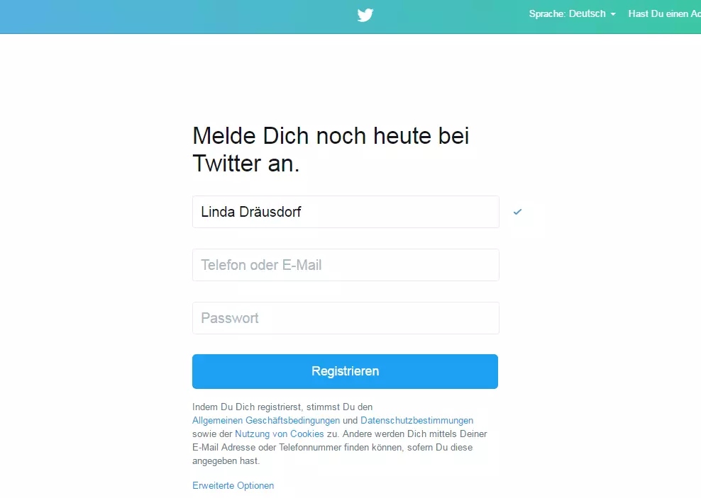 Screenshot der Registrierungs-Maske von Twitter