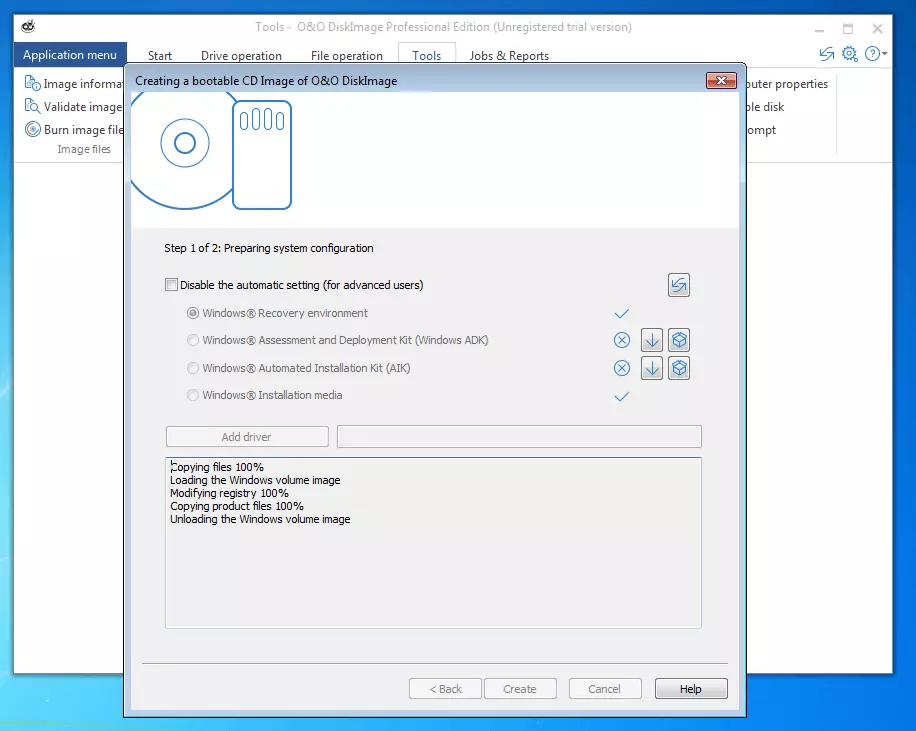 O&O DiskImage Professional 11.0: Menü zur Erstellung eines bootfähigen Images