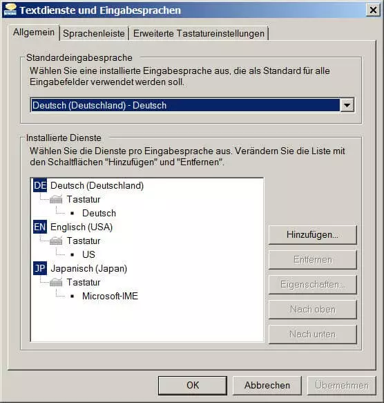Allgemeine Einstellungen bei Textdienste und Eingabesprachen