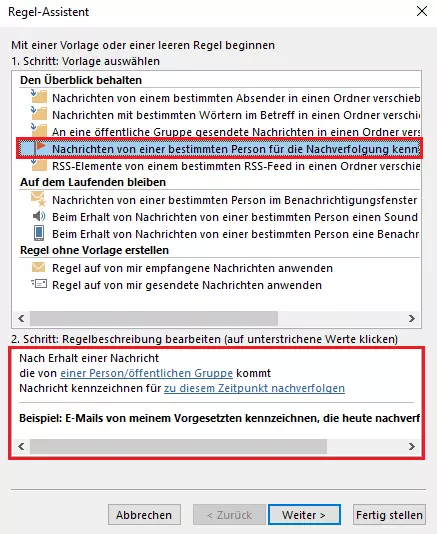 Outlook Regel-Assistent: Auswahl der Regelvorlage