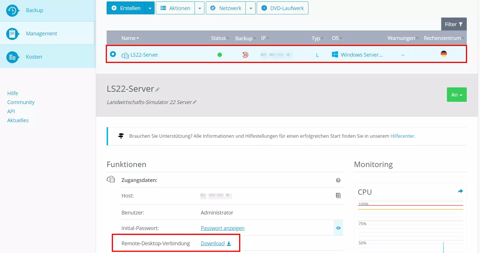 Zugangsdaten zum Server im IONOS Cloud Panel