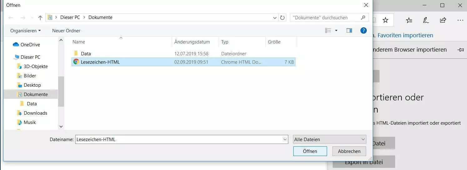 Speicherort-Angabe der Lesezeichen-HTML-Datei in Microsoft Edge