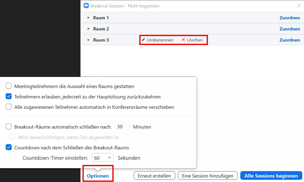 Verschiedene Optionen für Zoom Breakout-Sessions