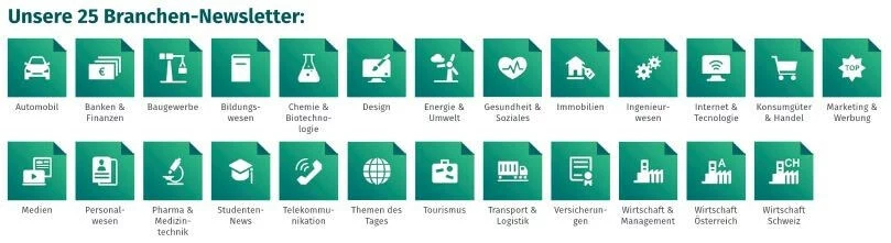 Bild zeigt durch unterschiedliche Icons, für welche 25 Branchen es bei XING jeweils eigene Newsletter gibt.