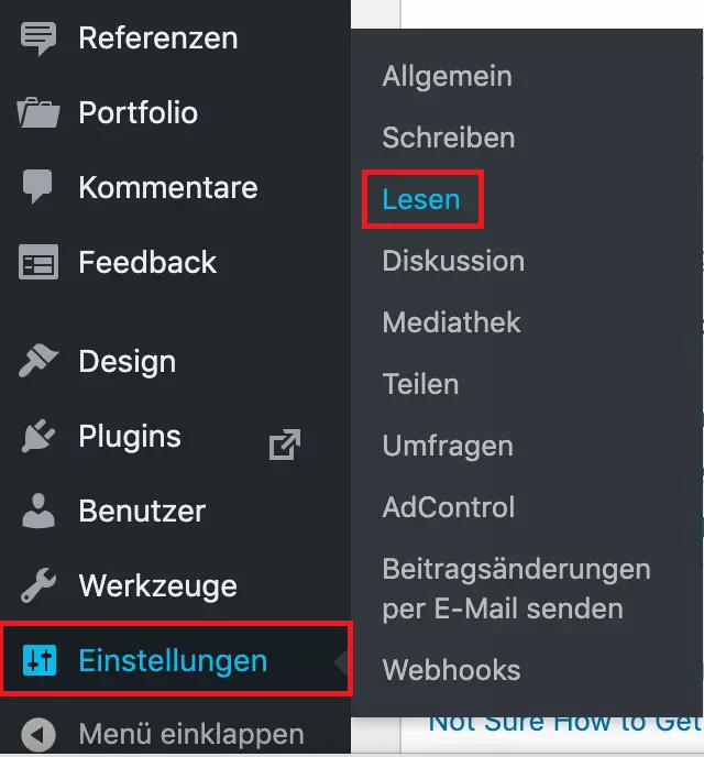 WordPress-Backend mit Einstellungsmenü