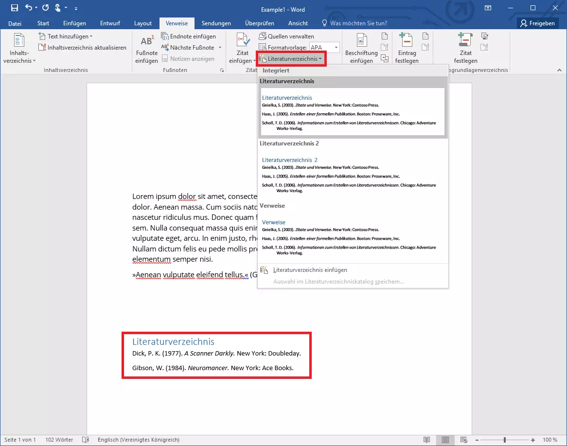 Menü, mit dem man ein Literaturverzeichnis in Word erstellen kann