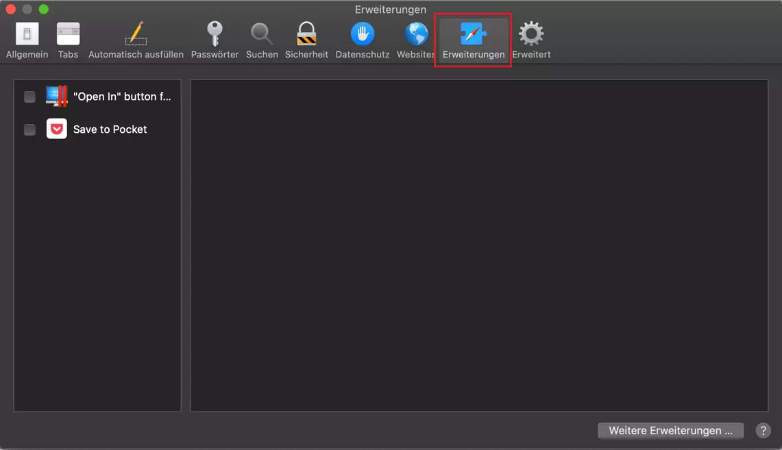 Unter Einstellungen verwalten Sie installierte Add-ons in Safari