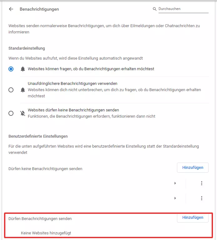 Screenshot der Browsereinstellung „Benachrichtigungen“ bei Chrome