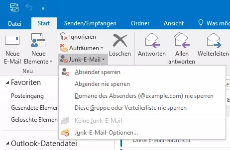 „Junk-E-Mail“ im Menüband von Outlook