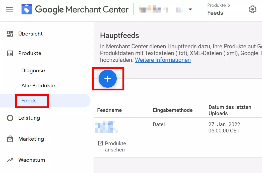 Übersicht mit Möglichkeit zum Erstellen von neuen Feeds