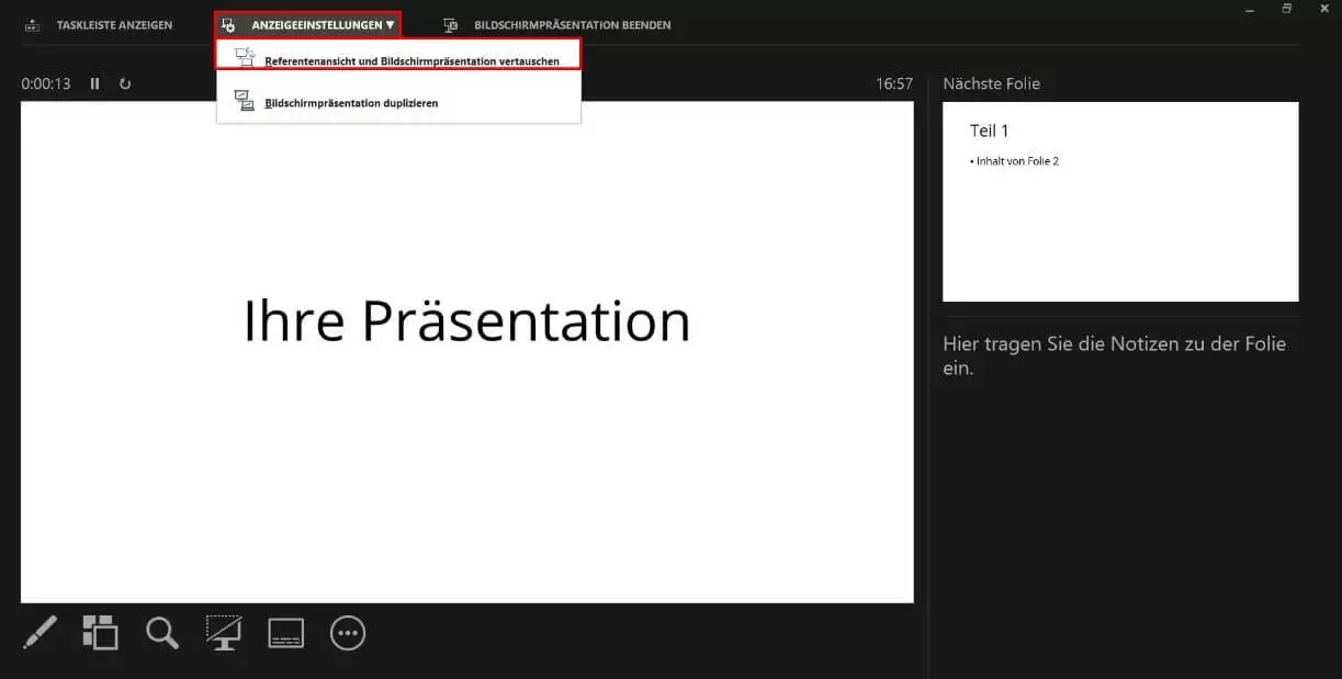 Referentenansicht und Bildschirmpräsentation vertauschen in PowerPoint