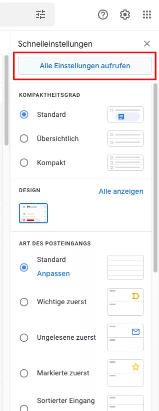 Einstellungen-Menü in Gmail