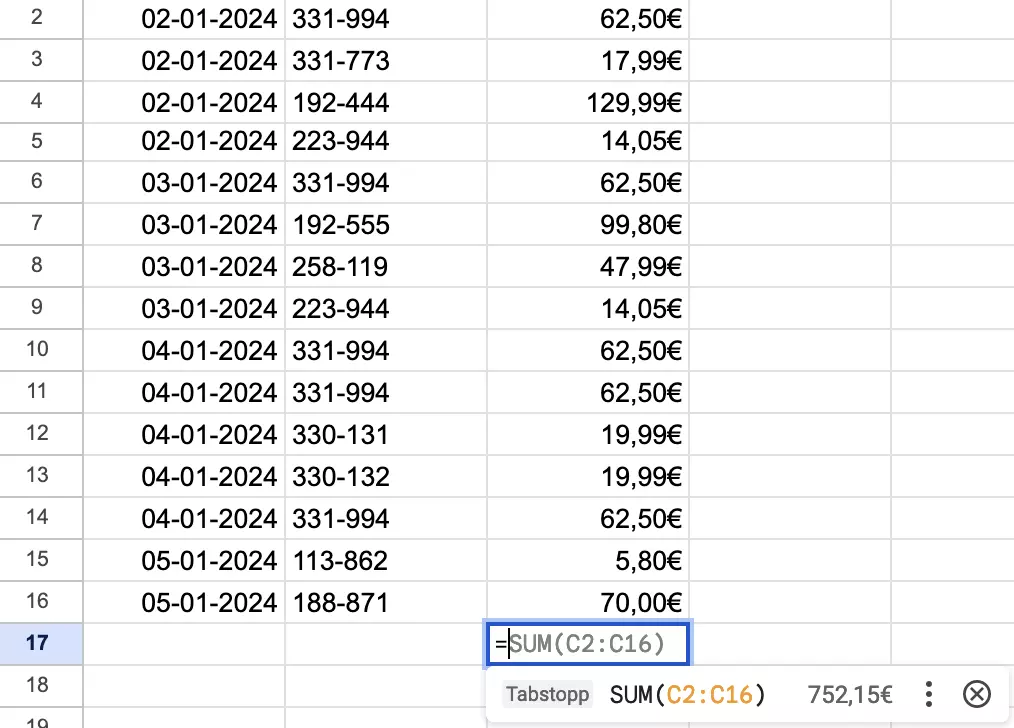 Screenshot der Funktion SUM in Google Sheets