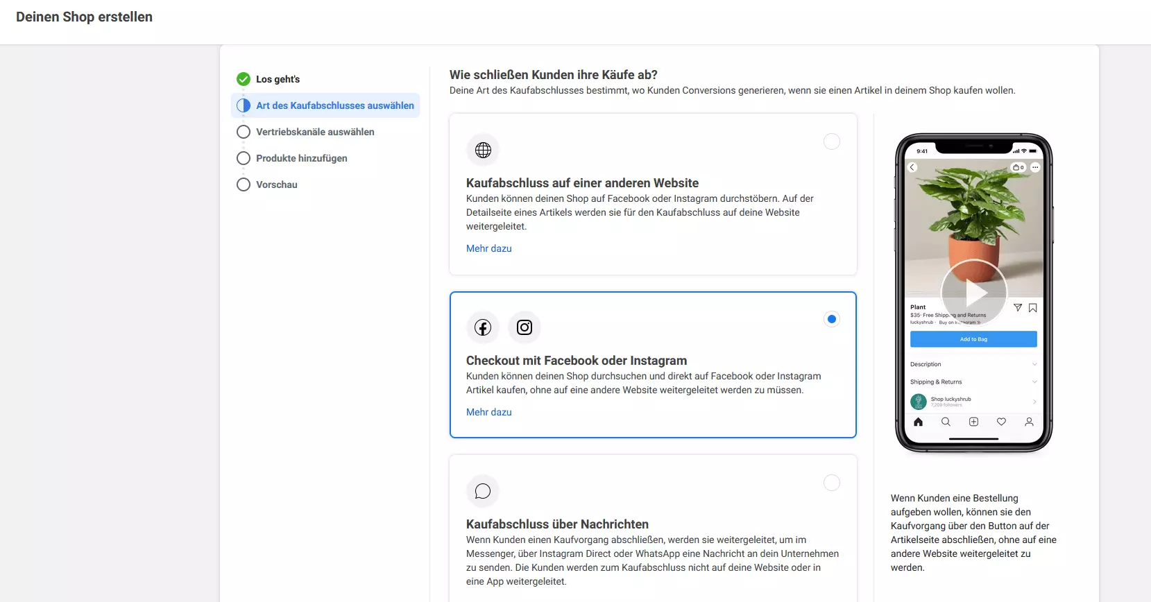 Facebook Commerce Manager: Wahl der Art des Kaufabschlusses