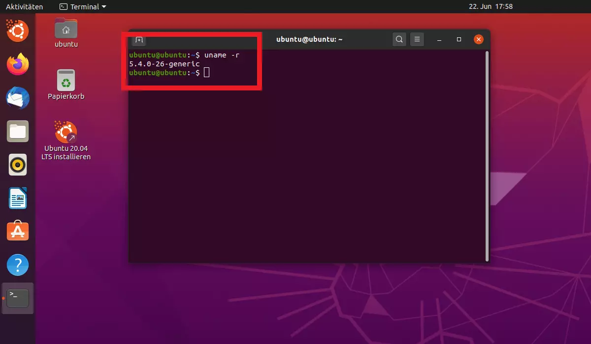 Kommandobefehl uname -r im Terminal