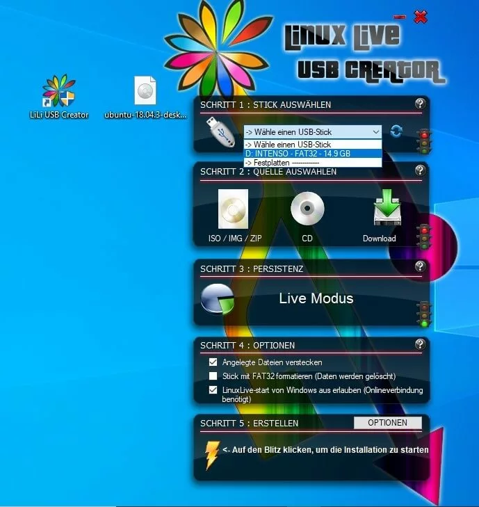 LinuxLive USB Creator: Schritt 1 „Stick auswählen“