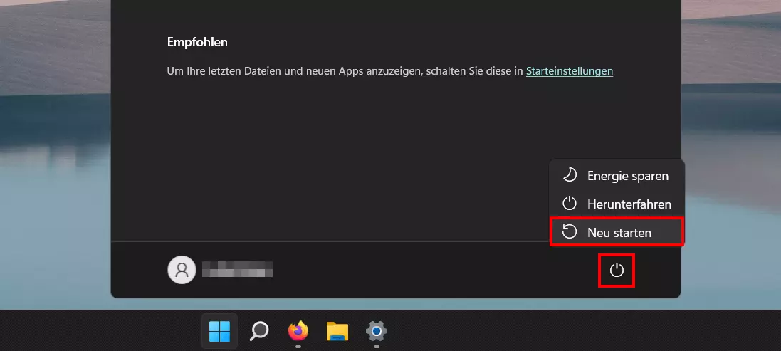 „Ein/Aus“-Knopf im Windows-11-Startmenü