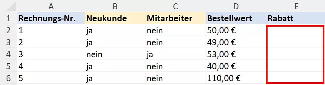 Excel-WENN-UND: Tabelle zur Bestimmung des Rabatts