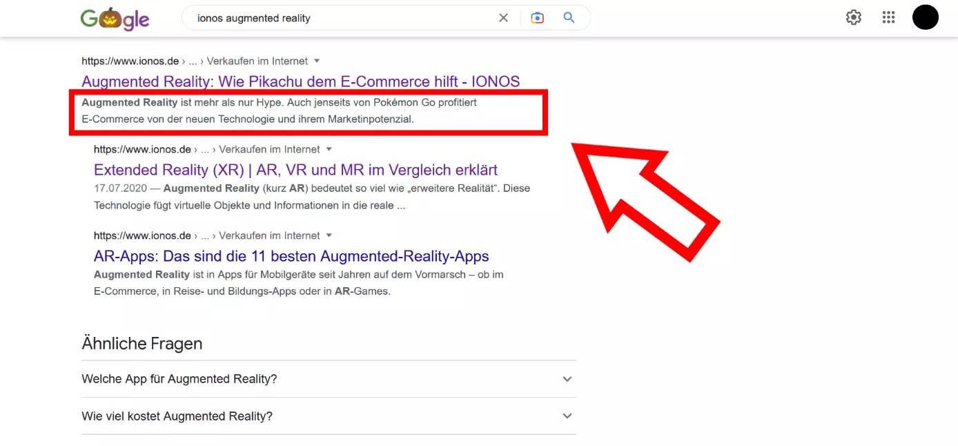 Screenshot der Google-Suchergebnisse und Meta-Description-Beispiele von „ionos augmented reality“