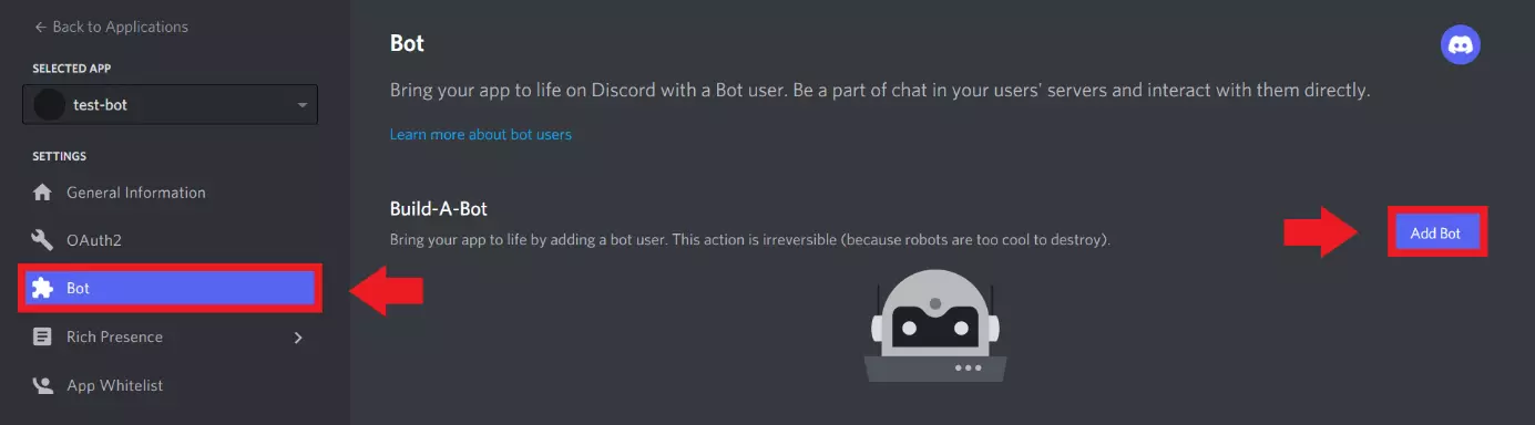 Gehen Sie unter „Bot“ auf „Add Bot“, um ein Bot-Token zu generieren