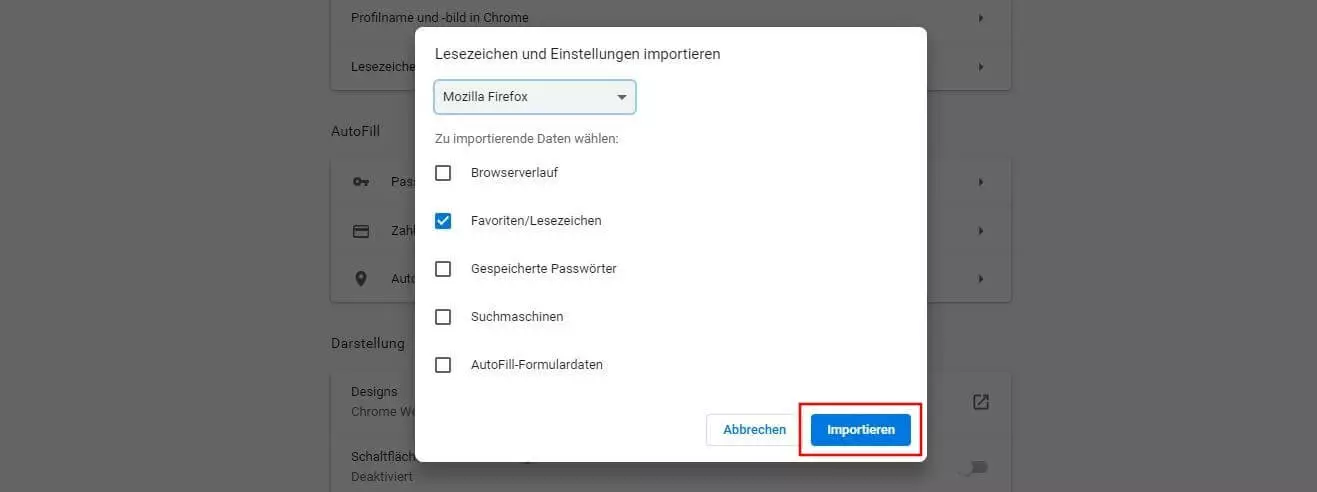 Chrome-Menüfenster „Lesezeichen und Einstellungen importieren“