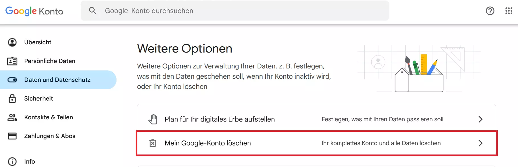 Google-Konto: „Konto oder Dienste löschen“-Menü