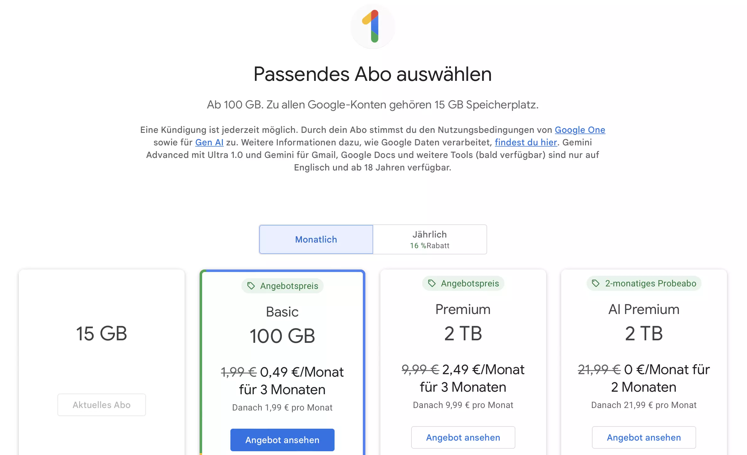 Die verschiedenen Abo-Tarife von Google One