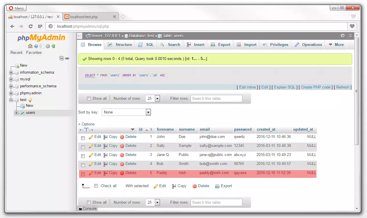 phpMyAdmin: Aktualisierte Tabellenübersicht nach Datenbankoperation INSERT