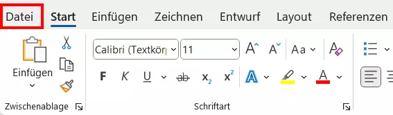 Menüband von Word mit dem Reiter „Datei“