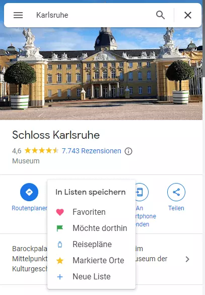 Screenshot der Speicherfunktion eines Orts bei Google Maps