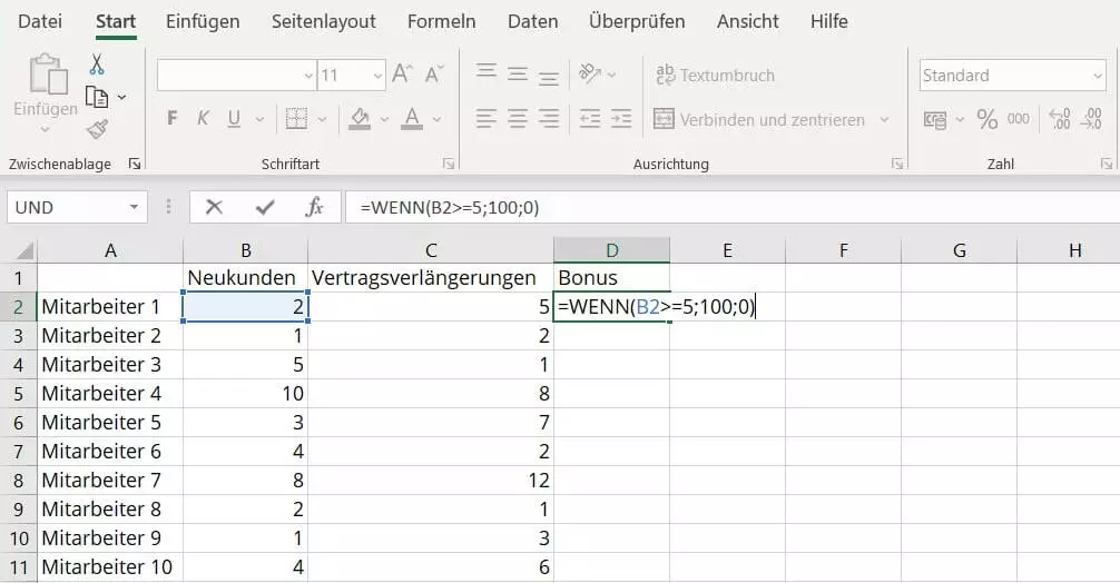 WENN-Funktion in Excel-Tabelle