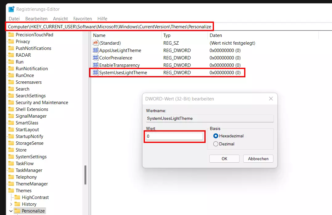 Regedit: Eintrag des Windows 11 Dark Modes