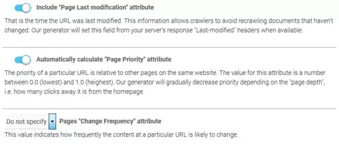 XML-Sitemaps.com-Generator: Einstellung der optionalen XML-Attribute