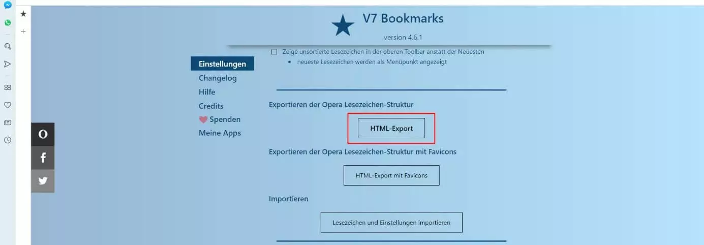 Einstellungsmenü des Opera-Add-ons V7 Bookmarks