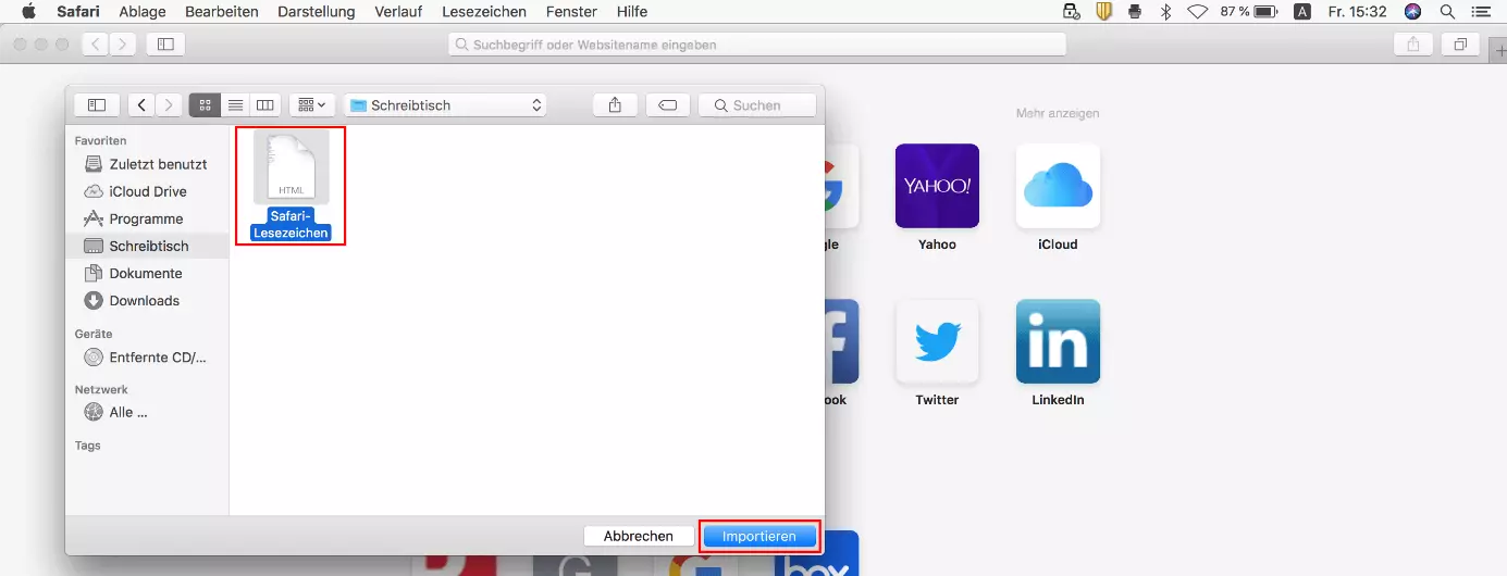 Auswahl der HTML-Lesezeichen-Datei im macOS-Finder