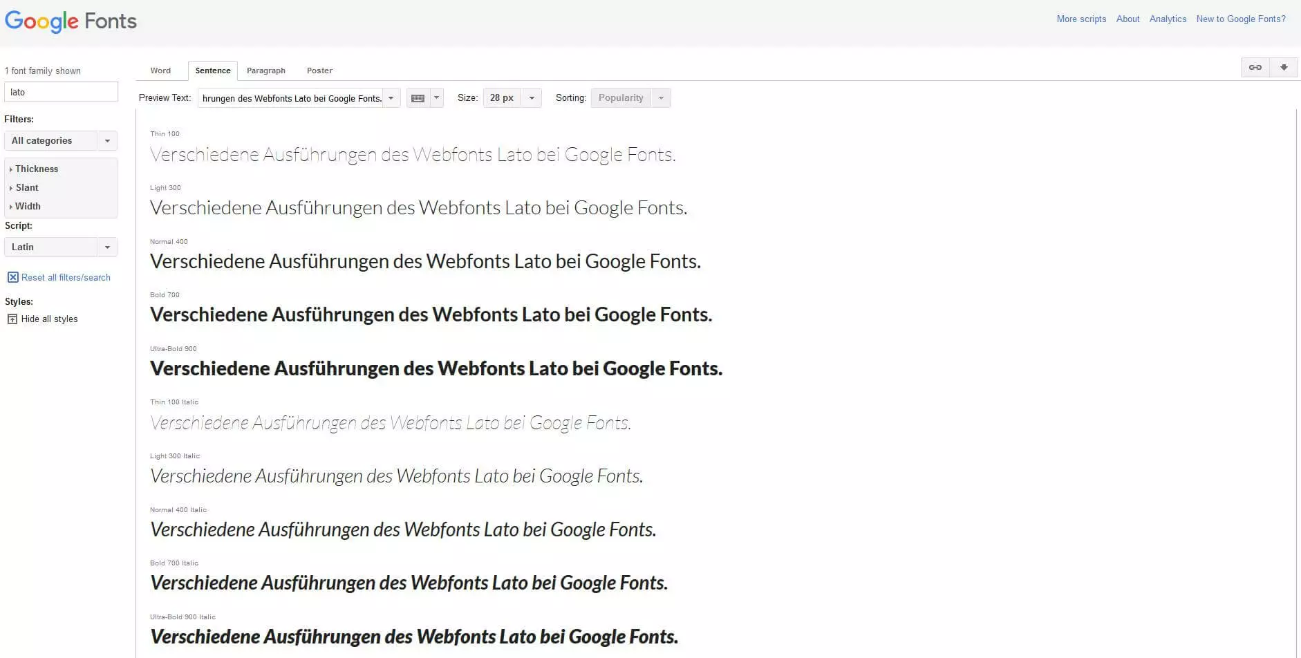 Verschiedene Ausführungen des Webfonts Lato bei Google Fonts