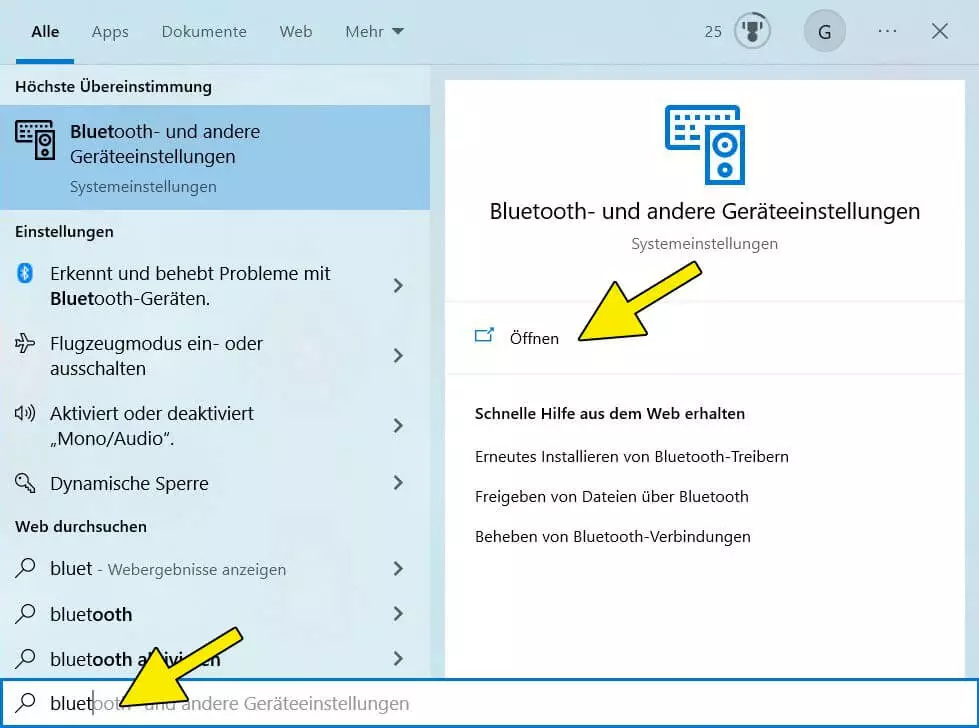 Screenshot Windows 10: Suchleiste und Suchergebnis „Bluetooth- und andere Geräteeinstellungen“